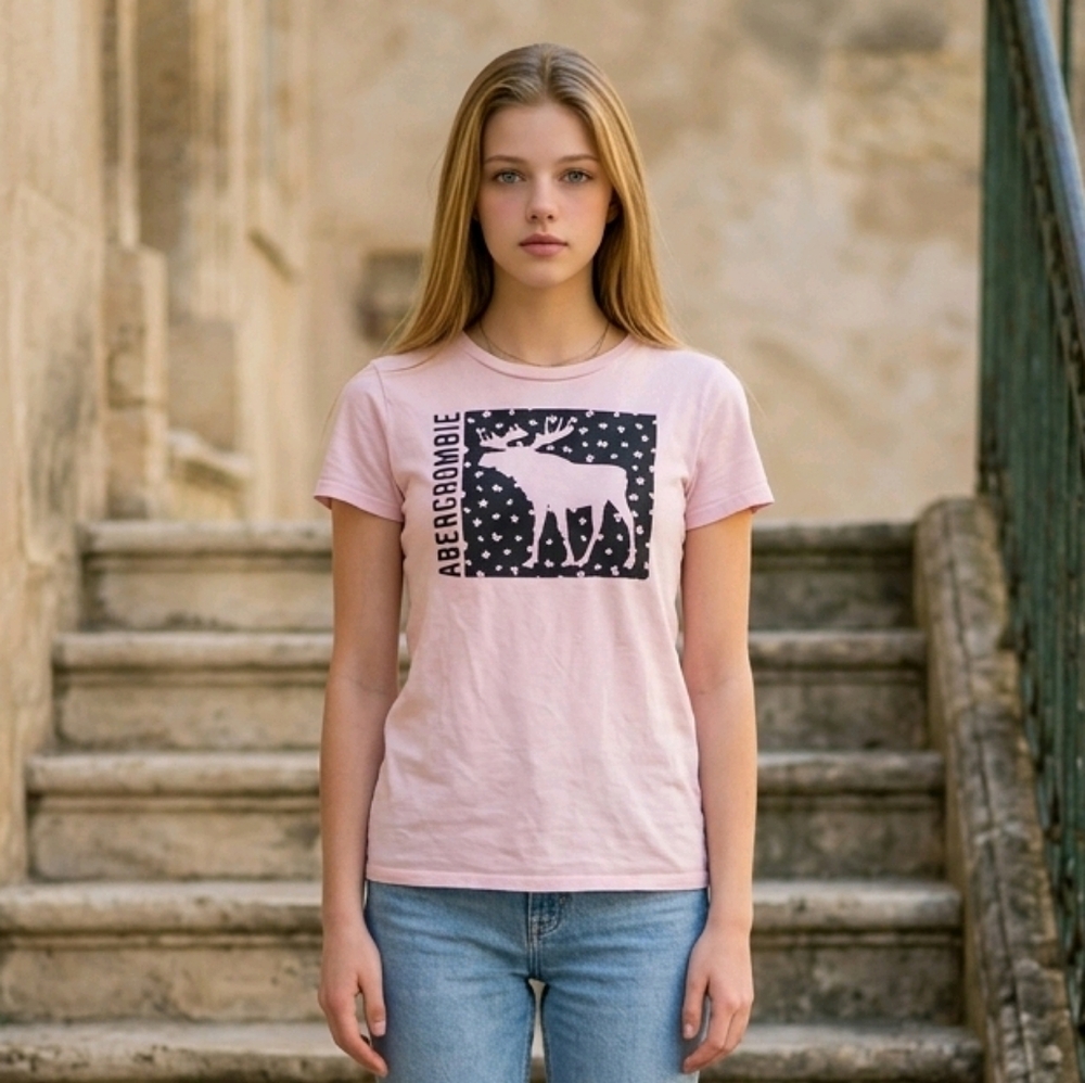 Y2K Pink Graphic Tee Girls 15/16 Abercrombie Floral Moose Soft Spring Teen Top